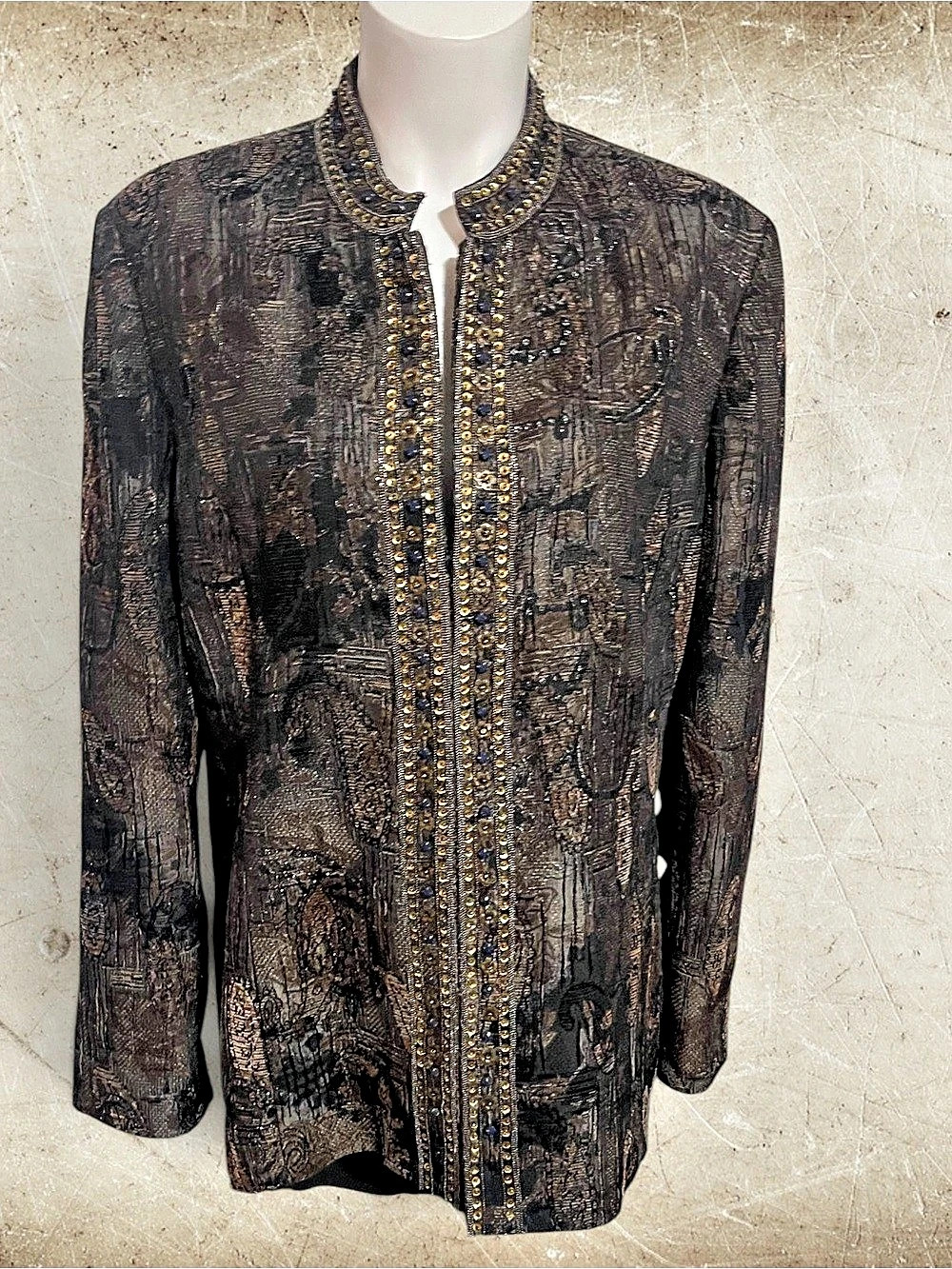 Chico's Shireen Metallic Jacquard Embellished Jacket Blazer Open Front Navy Gold